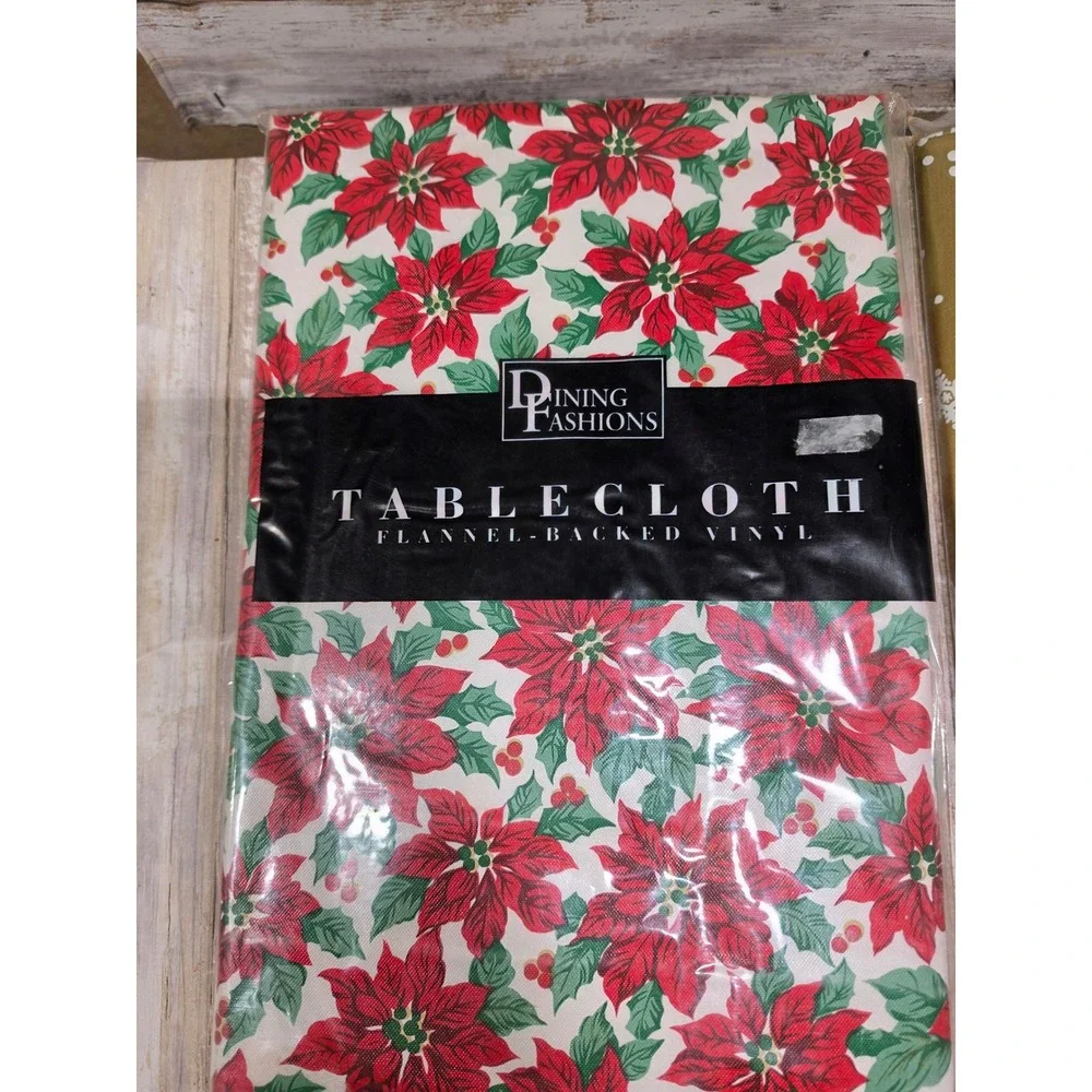 Lot of 3 Christmas Holiday Tablecloths Poinsettia Snowflake Vinyl Plastic Bundle